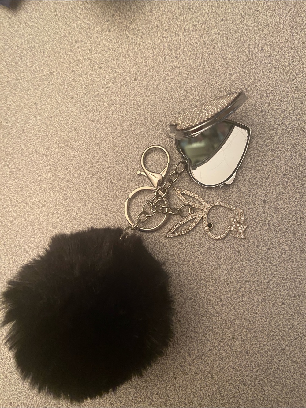 Black Faux Fur Pom Pom Keychain with Silver-tone Charms and Mirror